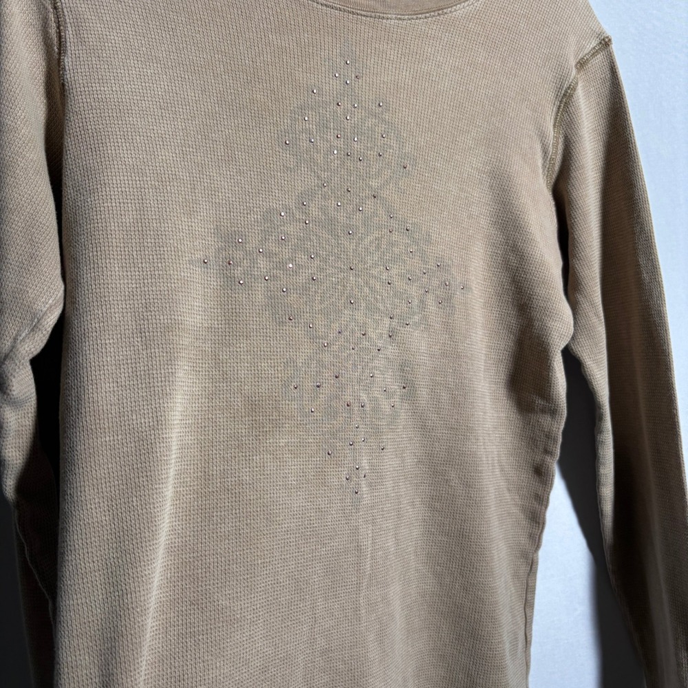 XCIT USA‎ Womens XL Tan Waffle Knit Long Sleeve Top Rhinestone Detail Cotton Y2K